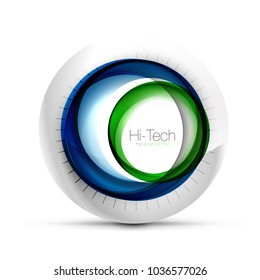 Digital techno sphere web banner, green and blue colors, button or icon with text. Glossy swirl color abstract circle design, hi-tech futuristic symbol with color rings and grey metallic element