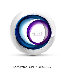 Digital techno sphere web banner, button or icon with text. Glossy swirl color abstract circle design, hi-tech futuristic symbol with color rings and grey metallic element. Vector illustration