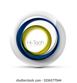 Digital techno sphere web banner, button or icon with text. Glossy swirl color abstract circle design, hi-tech futuristic symbol with color rings and grey metallic element. Vector illustration