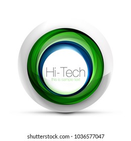 Digital techno sphere web banner, green and blue colors, button or icon with text. Glossy swirl color abstract circle design, hi-tech futuristic symbol with color rings and grey metallic element