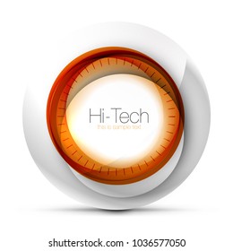 Digital techno sphere web banner, button or icon with text. Glossy swirl color abstract circle design, hi-tech futuristic symbol with color rings and grey metallic element. Vector illustration
