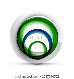 Digital techno sphere web banner, green and blue colors, button or icon with text. Glossy swirl color abstract circle design, hi-tech futuristic symbol with color rings and grey metallic element