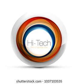 Digital techno sphere web banner, button or icon with text. Glossy swirl color abstract circle design, hi-tech futuristic symbol with color rings and grey metallic element. Vector illustration