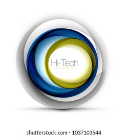 Digital techno sphere web banner, button or icon with text. Glossy swirl color abstract circle design, hi-tech futuristic symbol with color rings and grey metallic element. Vector illustration