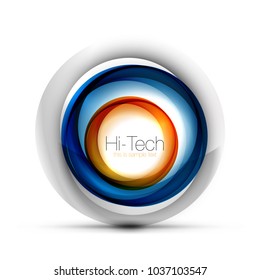 Digital Techno Sphäre Web-Banner, Button oder Symbol mit Text. Glossy Swirl farbige abstrakte Kreisgestaltung, High Tech-futuristisches Symbol mit Farbringen und grauem metallischem Element. Vektorgrafik