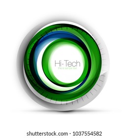 Digital techno sphere web banner, green and blue colors, button or icon with text. Glossy swirl color abstract circle design, hi-tech futuristic symbol with color rings and grey metallic element