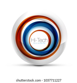Banner web, botón o icono digital de esfera tecnológica con texto. Diseño de círculo abstracto de color giratorio brillante, símbolo futurista de alta tecnología con anillos de color y elemento metálico gris. Ilustración del vector