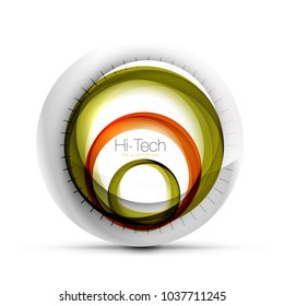 Banner web, botón o icono digital de esfera tecnológica con texto. Diseño de círculo abstracto de color giratorio brillante, símbolo futurista de alta tecnología con anillos de color y elemento metálico gris. Ilustración del vector