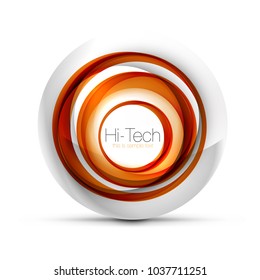 Digital techno sphere web banner, button or icon with text. Glossy swirl color abstract circle design, hi-tech futuristic symbol with color rings and grey metallic element. Vector illustration