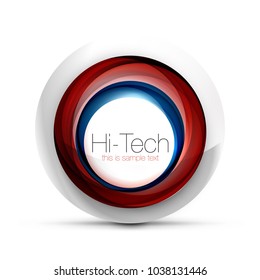 Digital techno sphere web banner, button or icon with text. Glossy swirl color abstract circle design, hi-tech futuristic symbol with color rings and grey metallic element. Vector illustration