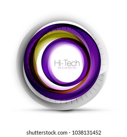 Banner web, botón o icono digital de esfera tecnológica con texto. Diseño de círculo abstracto de color giratorio brillante, símbolo futurista de alta tecnología con anillos de color y elemento metálico gris. Ilustración del vector