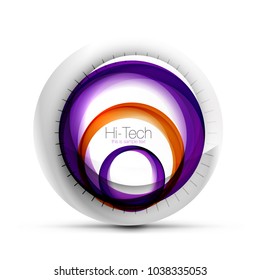 Digital techno sphere web banner, button or icon with text. Glossy swirl color abstract circle design, hi-tech futuristic symbol with color rings and grey metallic element. Vector illustration