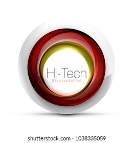 Digital techno sphere web banner, button or icon with text. Glossy swirl color abstract circle design, hi-tech futuristic symbol with color rings and grey metallic element. Vector illustration