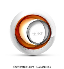 Digital techno sphere web banner, button or icon with text. Glossy swirl color abstract circle design, hi-tech futuristic symbol with color rings and grey metallic element. Vector illustration
