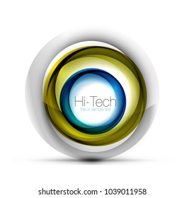 Digital techno sphere web banner, button or icon with text. Glossy swirl color abstract circle design, hi-tech futuristic symbol with color rings and grey metallic element. Vector illustration
