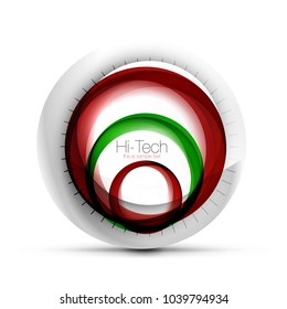 Digital techno sphere web banner, button or icon with text. Glossy swirl color abstract circle design, hi-tech futuristic symbol with color rings and grey metallic element. Vector illustration