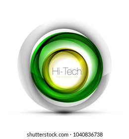 Banner, botão ou ícone da web da esfera techno digital com texto. Design de círculo abstrato de cor de espiral brilhante, símbolo futurista de alta tecnologia com anéis de cor e elemento metálico cinza. Ilustração vetorial