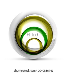Digital techno sphere web banner, button or icon with text. Glossy swirl color abstract circle design, hi-tech futuristic symbol with color rings and grey metallic element. Vector illustration