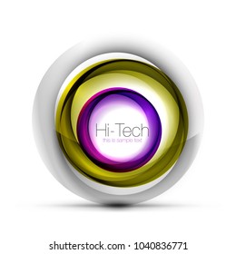 Banner web, botón o icono digital de esfera tecnológica con texto. Diseño de círculo abstracto de color giratorio brillante, símbolo futurista de alta tecnología con anillos de color y elemento metálico gris. Ilustración del vector