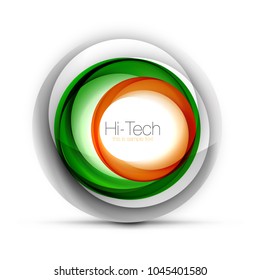 Digital techno sphere web banner, button or icon with text. Glossy swirl color abstract circle design, hi-tech futuristic symbol with color rings and grey metallic element. Vector illustration