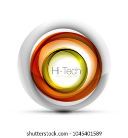 Banner web, botón o icono digital de esfera tecnológica con texto. Diseño de círculo abstracto de color giratorio brillante, símbolo futurista de alta tecnología con anillos de color y elemento metálico gris. Ilustración del vector