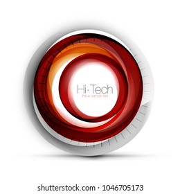 Digital techno sphere web banner, button or icon with text. Glossy swirl color abstract circle design, hi-tech futuristic symbol with color rings and grey metallic element. Vector illustration