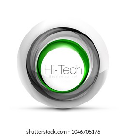Digital techno sphere web banner, button or icon with text. Glossy swirl color abstract circle design, hi-tech futuristic symbol with color rings and grey metallic element. Vector illustration