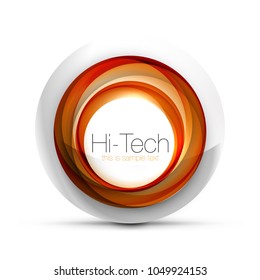 Digital techno sphere web banner, button or icon with text. Glossy swirl color abstract circle design, hi-tech futuristic symbol with color rings and grey metallic element. Vector illustration