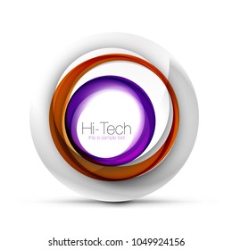 Banner web, botón o icono digital de esfera tecnológica con texto. Diseño de círculo abstracto de color giratorio brillante, símbolo futurista de alta tecnología con anillos de color y elemento metálico gris. Ilustración del vector