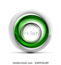 Banner web, botón o icono digital de esfera tecnológica con texto. Diseño de círculo abstracto de color giratorio brillante, símbolo futurista de alta tecnología con anillos de color y elemento metálico gris. Ilustración del vector