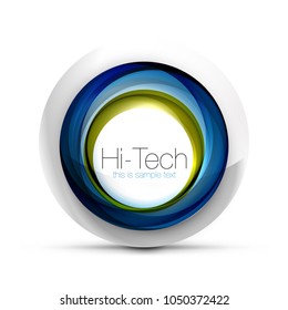 Banner web, botón o icono digital de esfera tecnológica con texto. Diseño de círculo abstracto de color giratorio brillante, símbolo futurista de alta tecnología con anillos de color y elemento metálico gris. Ilustración del vector