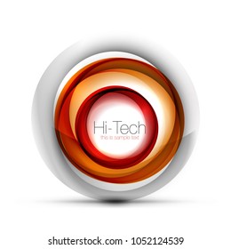 Digital techno sphere web banner, button or icon with text. Glossy swirl color abstract circle design, hi-tech futuristic symbol with color rings and grey metallic element. Vector illustration