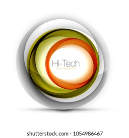 Digital techno sphere web banner, button or icon with text. Glossy swirl color abstract circle design, hi-tech futuristic symbol with color rings and grey metallic element. Vector illustration