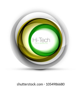Banner web, botón o icono digital de esfera tecnológica con texto. Diseño de círculo abstracto de color giratorio brillante, símbolo futurista de alta tecnología con anillos de color y elemento metálico gris. Ilustración del vector