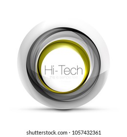 Digital techno sphere web banner, button or icon with text. Glossy swirl color abstract circle design, hi-tech futuristic symbol with color rings and grey metallic element. Vector illustration