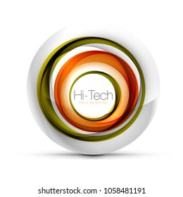 Digital techno sphere web banner, button or icon with text. Glossy swirl color abstract circle design, hi-tech futuristic symbol with color rings and grey metallic element. Vector illustration