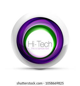 Digital techno sphere web banner, button or icon with text. Glossy swirl color abstract circle design, hi-tech futuristic symbol with color rings and grey metallic element. Vector illustration