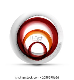 Digital techno sphere web banner, button or icon with text. Glossy swirl color abstract circle design, hi-tech futuristic symbol with color rings and grey metallic element. Vector illustration