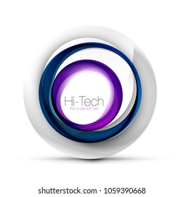 Digital techno sphere web banner, button or icon with text. Glossy swirl color abstract circle design, hi-tech futuristic symbol with color rings and grey metallic element. Vector illustration