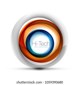 Digital Techno Sphäre Web-Banner, Button oder Symbol mit Text. Glossy Swirl farbige abstrakte Kreisgestaltung, High Tech-futuristisches Symbol mit Farbringen und grauem metallischem Element. Vektorgrafik