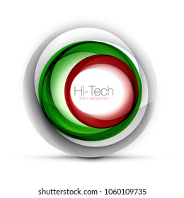 Banner web, botón o icono digital de esfera tecnológica con texto. Diseño de círculo abstracto de color giratorio brillante, símbolo futurista de alta tecnología con anillos de color y elemento metálico gris. Ilustración del vector