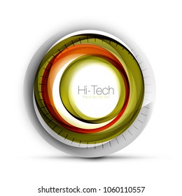 Digital techno sphere web banner, button or icon with text. Glossy swirl color abstract circle design, hi-tech futuristic symbol with color rings and grey metallic element. Vector illustration