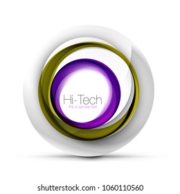 Banner web, botón o icono digital de esfera tecnológica con texto. Diseño de círculo abstracto de color giratorio brillante, símbolo futurista de alta tecnología con anillos de color y elemento metálico gris. Ilustración del vector