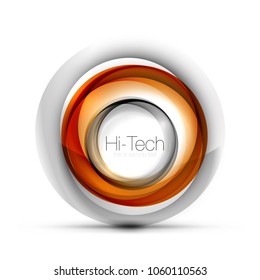 Digital techno sphere web banner, button or icon with text. Glossy swirl color abstract circle design, hi-tech futuristic symbol with color rings and grey metallic element. Vector illustration