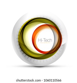 Digital techno sphere web banner, button or icon with text. Glossy swirl color abstract circle design, hi-tech futuristic symbol with color rings and grey metallic element. Vector illustration