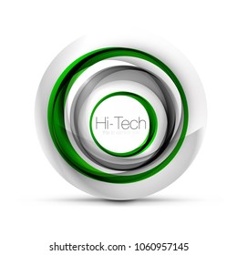 Digital techno sphere web banner, button or icon with text. Glossy swirl color abstract circle design, hi-tech futuristic symbol with color rings and grey metallic element. Vector illustration