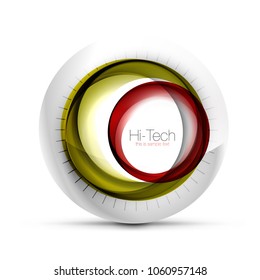Banner web, botón o icono digital de esfera tecnológica con texto. Diseño de círculo abstracto de color giratorio brillante, símbolo futurista de alta tecnología con anillos de color y elemento metálico gris. Ilustración del vector