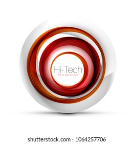Digital techno sphere web banner, button or icon with text. Glossy swirl color abstract circle design, hi-tech futuristic symbol with color rings and grey metallic element. Vector illustration
