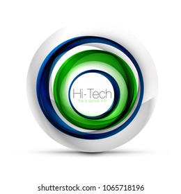 Banner web de esfera tecnológica digital, colores verdes y azules, botón o icono con texto. Diseño de círculo abstracto de color giratorio brillante, símbolo futurista de alta tecnología con anillos de color y elemento metálico gris
