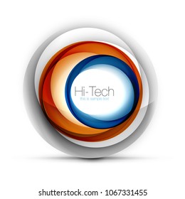 Digital techno sphere web banner, button or icon with text. Glossy swirl color abstract circle design, hi-tech futuristic symbol with color rings and grey metallic element. Vector illustration